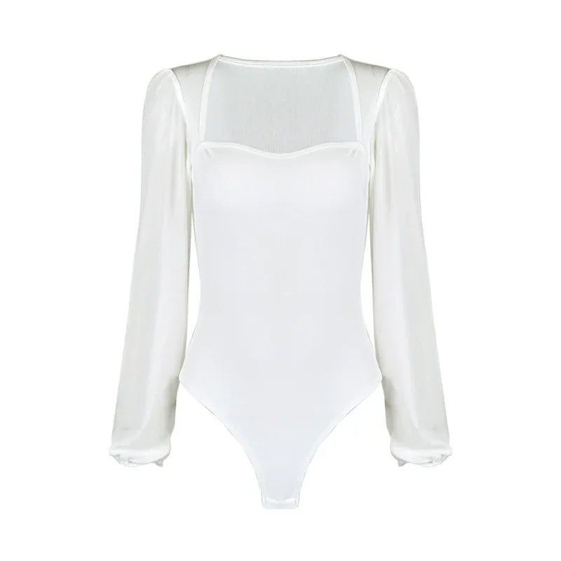 Chic Patchwork Mesh Lantern Sleeve Jumpsuit - Wshape